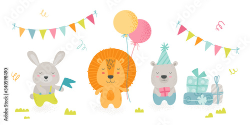 Cute Scandinavian Boho Style Teddy Animals Celebrate Happy Birthday Party. Kawaii Rabbit, Lion and Bear Holding Holidays Equipment Balloons, Gifts and Flag, Kids Design. Cartoon Vector Illustration