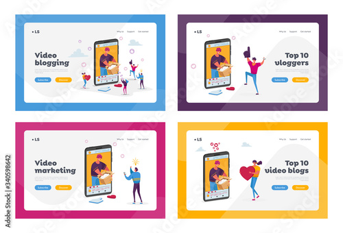 Fashion Blogger Unpacking Cardboard Box Recording Video Landing Page Template Set. Characters Watch Broadcasting Expertise for Product of Influencer on Smartphone. Cartoon People Vector Illustration
