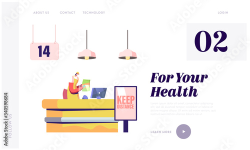 Protective Measure in Grocery Queue Landing Page Template. Saleswoman Character in Medical Mask and Gloves Stand at Cashier Desk during Covid19 Pandemic Quarantine. Cartoon Vector Illustration
