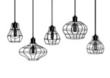 Industrial style retro pendant lights. Set of vintage pendant lamps. Hanging lamp with Edison bulb. Black and White image free hand line style. Hand drawn vector set of different geometric loft lamps
