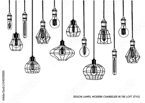 Industrial style retro pendant lights. Set of vintage pendant lamps. Hanging lamp with Edison bulb. Black and White image free hand line style. Hand drawn vector set of different geometric loft lamps
