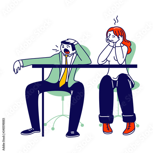 Procrastination, Overwork Burnout Symptoms Concept. Lazy, Boring or Tired Business Man and Woman Characters with Low Energy Yawning at Working Place or Bored Meeting. Linear People Vector Illustration