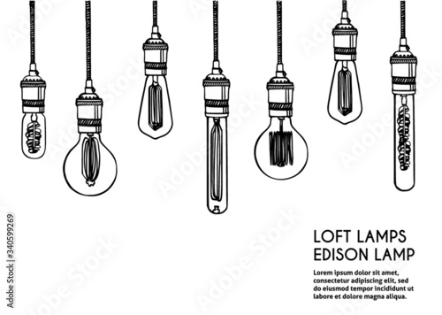 Hand drawn vector set of different geometric loft lamps. Edison lamps and modern  sketch. Vintage light bulbs doodle art hanging free hand line style vector