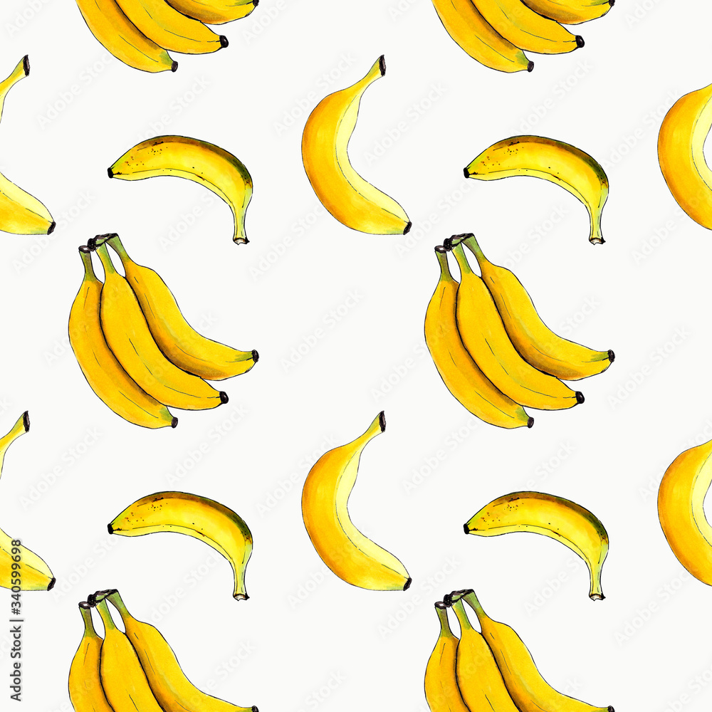Seamless pattern with bananas on white background Hand drawn illustration.