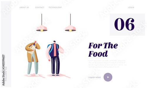 Characters Stand in Grocery Queue with Keep Distance Lines Landing Page Template. Woman Coughing Customers Buying Products during Covid19 Pandemic, Virus Spreading. Cartoon People Vector Illustration