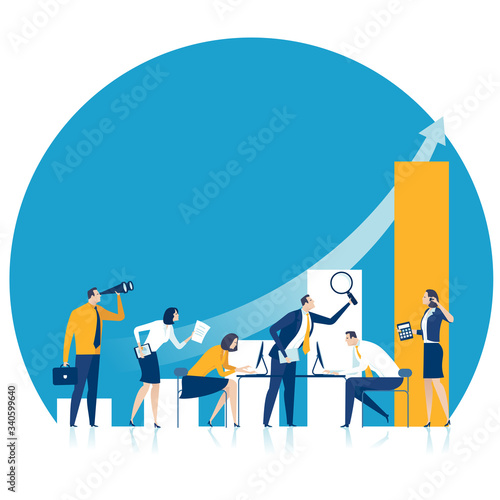 Economy. Business vector illustration. The team works in front of growing business chart.