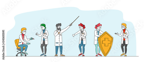Hospital Healthcare Staff, Doctors in Medical Robe with Syringe, and Clip Boards. Characters in Uniform Holding Huge Shield. Clinic, Medicine Profession, Occupation. Linear People Vector Illustration