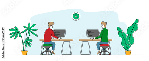 Technical Application Software Development Work. Men Programmers or Coders Characters Working at New Web Site Page Online Project Css Html Coding and Programming. Linear People Vector Illustration