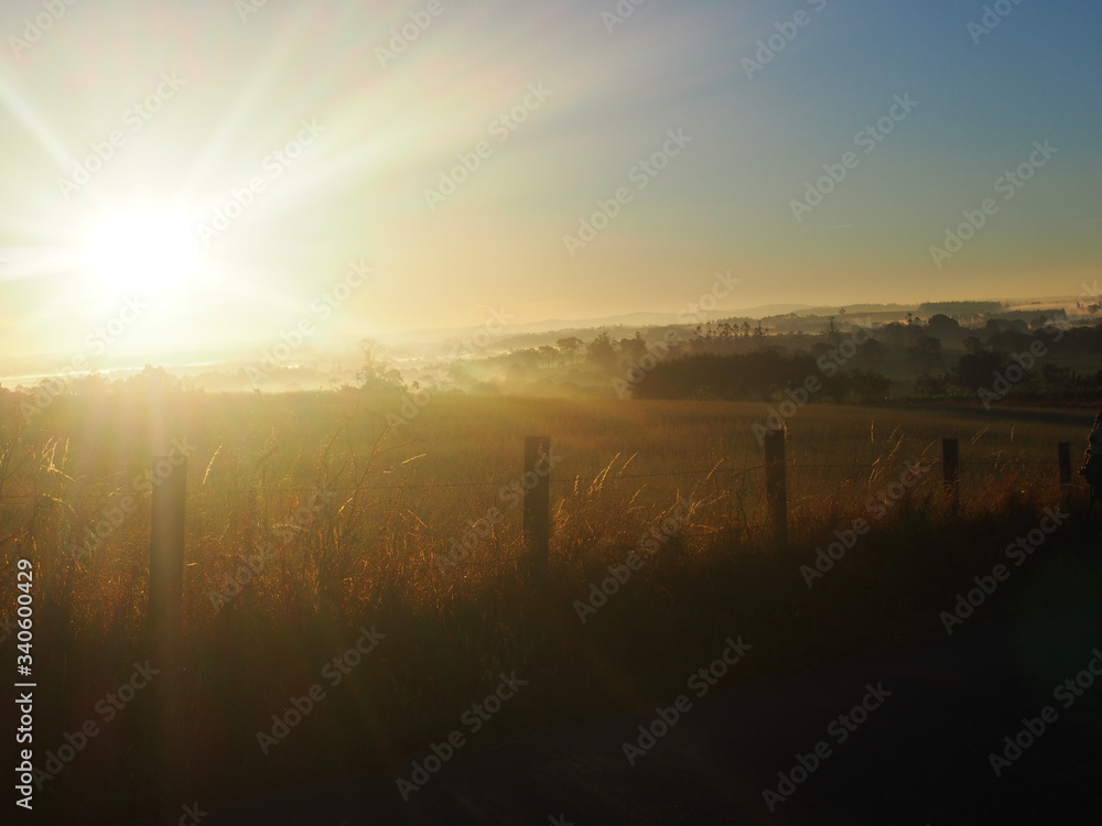 Bright morning sun and beautiful agricultural landscape, Camino de Santiago, Way of St. James, Journey from Olveiroa to Negreira, Fisterra-Muxia way, Spain
