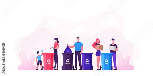 Family with Kids Characters in Medical Masks Collect Litter to Recycle Bins, People Recycling Garbage to Reduce Environment Pollution during Covid19 Pandemic Quarantine. Cartoon Vector Illustration