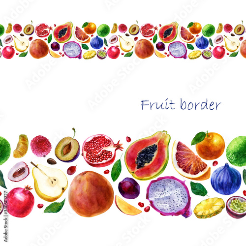 Watercolor illustration. A border of fruits. Fruit in the strip. Papaya  grapefruit  plum  pomegranate  pear  mandarin  pitahaya  passion fruit  pineapple.