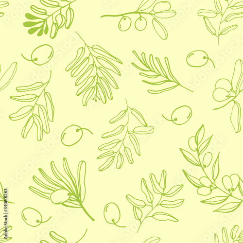 Olives seamless pattern with olive branches and fruits for Italian cuisine design or extra virgin oil food or cosmetic product packaging wrapper. Hand drawn Illustration in vector.