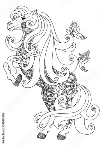 Horse. Hand drawn picture. Sketch for anti-stress adult coloring book in zen-tangle style. Vector illustration for coloring page.