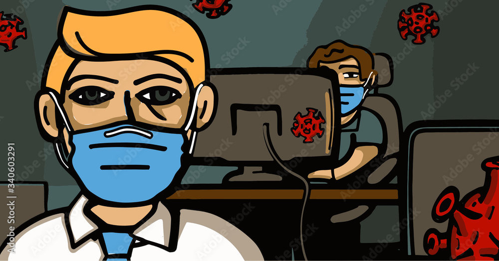 An illustration of people going to work during the covid19 pandemic. Staying safe and protected by wearing face mask.