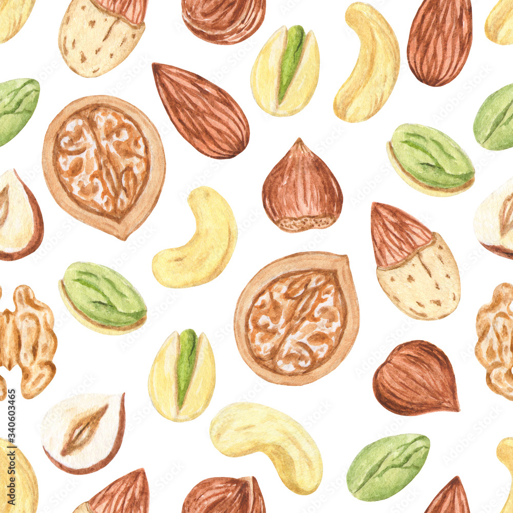 Watercolor nuts seamless pattern. Cashews, almonds, hazelnuts, walnut. Illustration for menu, catalog, restaurant, cartoon, game, kitchen, textile, decor.