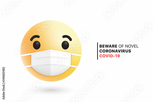 3D Vector Modern Emoji With Medical Mouth Surgical Mask Isolated On White Background. Emoticon Of Doctor, Nurse For Chat. Icon Of Infected Patient Outbreak Novel Coronavirus COVID-19. Virus Protection