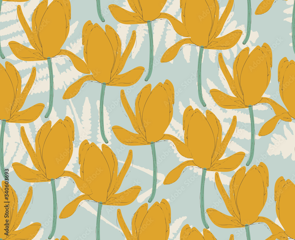 Vector blue seamless pattern background with magnolias. Vector blue seamless pattern background with magnolias.