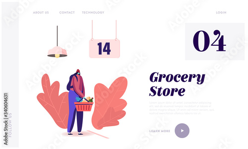 Customer Buying Products at Covid19 Pandemic Quarantine Landing Page Template. Female Character in Medical Mask and Disposable Gloves Stand in Grocery Queue with Cart. Cartoon Vector Illustration