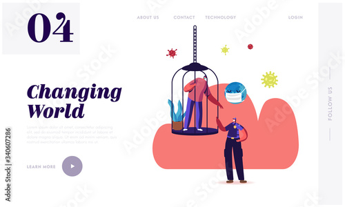 Police Patrol Control People at Home due to Virus Spreading Landing Page Template. Policeman Warning Male Character Sitting inside of Bird Cage during Covid19 Isolation. Cartoon Vector Illustration