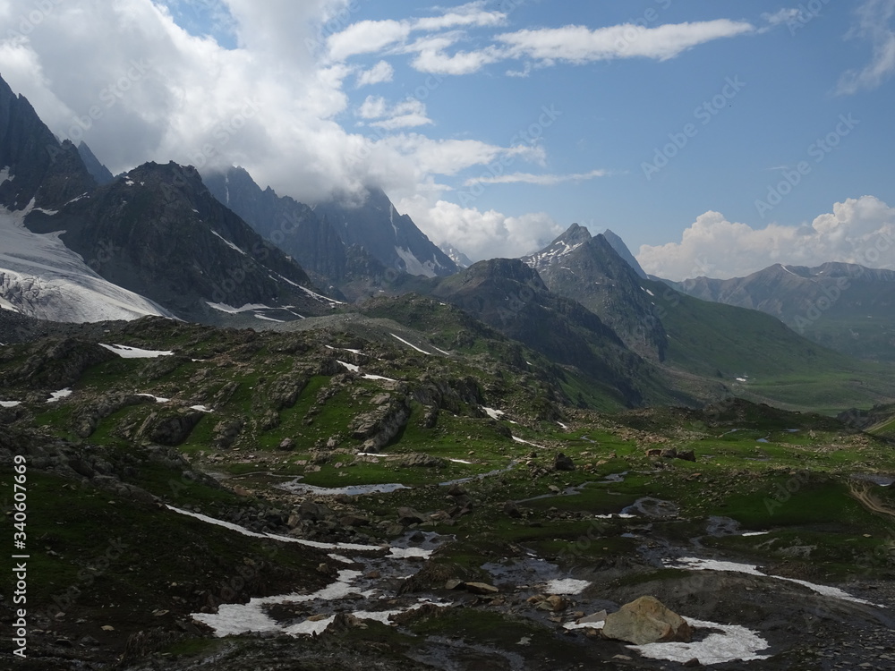 mountains with snow and alpine meadows