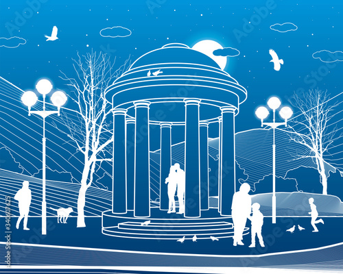Park infrastructure illustration. Garden house. People walk and relax in nature. Evening city scene. White lines on blue background. Vector design art
