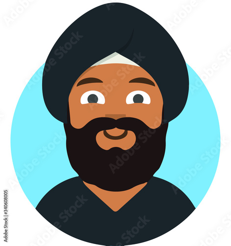 Islamic man in traditional arabic hat shemagh, khaliji or keffiyeh with  mustache. Arab hat. Muslim hat. Arabic man. Arabian Turban. Hindu man. Human, flat vector illustration. Icon, character, eps.