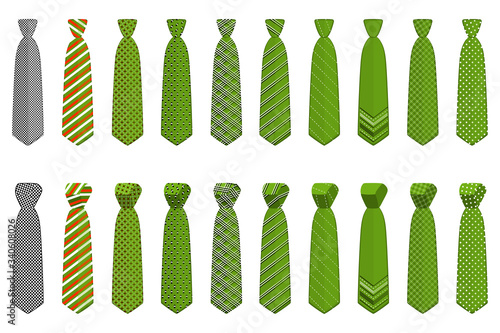 Illustration on theme big set ties different types, neckties various size