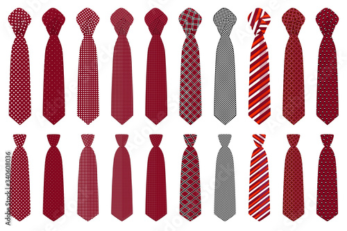 Illustration on theme big set ties different types, neckties various size