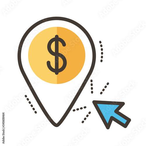 coin dollar with pin location line and fill style icon