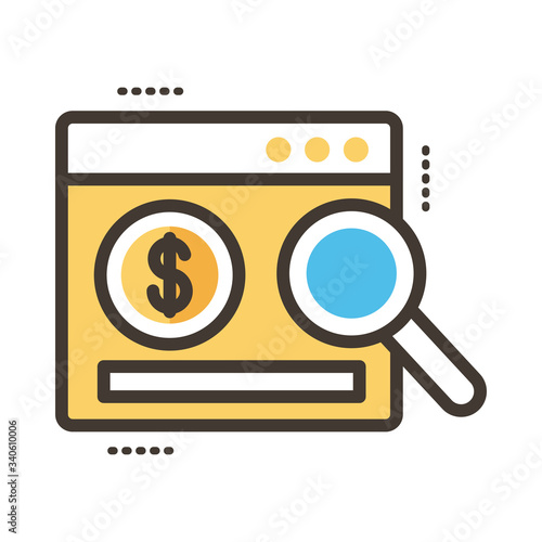 coin dollar in webpage with magnifying glass line and fill style