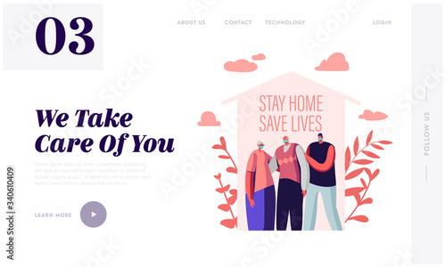 Stay at Home, Self Isolation Save Lives Landing Page Template. Senior and Young Characters Wearing Medical Masks Stand under House Roof. Family on Quarantine. Cartoon People Vector Illustration