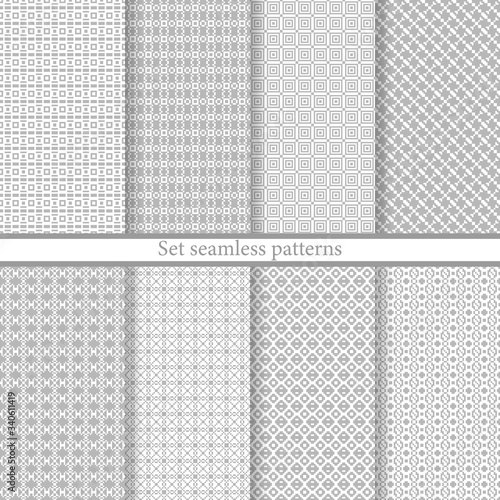 Set geometric seamless patterns. Abstract geometric backgrounds grey color. Vector illustration. Collection repeating textures. Elegant ornament. Modern design paper, wallpaper, textile, cover, print.