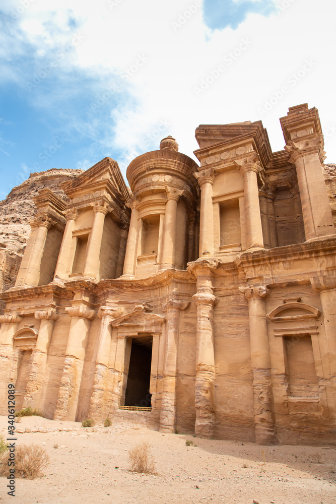 Highlight of Petra, the amazing Ad Deir, The Monastery with blue sky