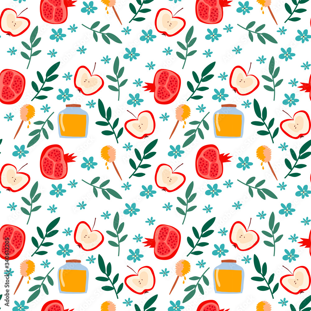 Seamless Pattern with Rosh Hashana or Hebrew New Year Symbols in Vector
