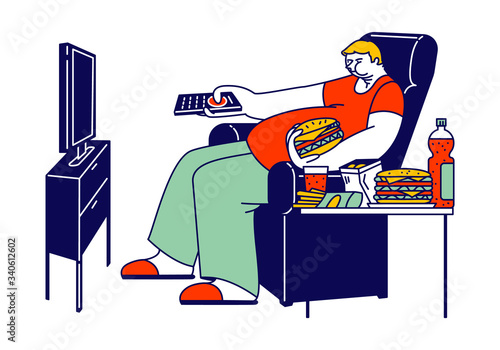 Unhealthy Eating Bad Habit Concept. Fat Man Character Sit on Armchair at Home with Plenty of Fast Food Contain Carbohydrates and Oils, Fastfood Addiction Watch Tv, Obesity. Linear Vector Illustration