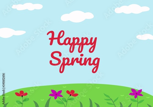 Happy Spring green grass and colorful flower with white cloud and blue sky