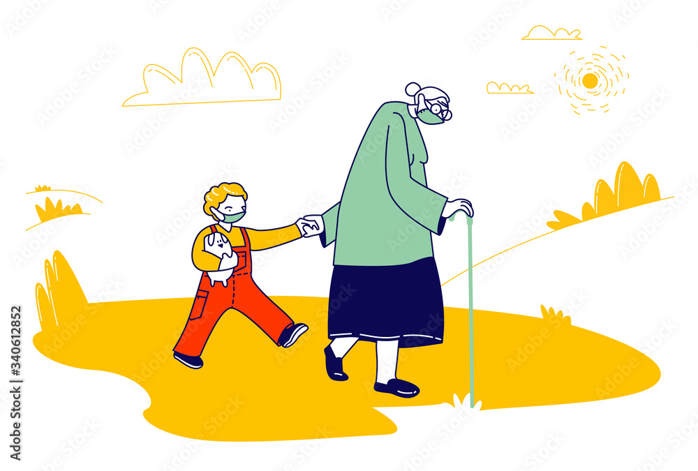 Fototapeta premium Senior Woman with Little Boy Characters Wearing Medical Masks Walking on Street during Covid19 Pandemic Ignoring Quarantine Prohibition, Grandmother with Grandson. Linear People Vector Illustration