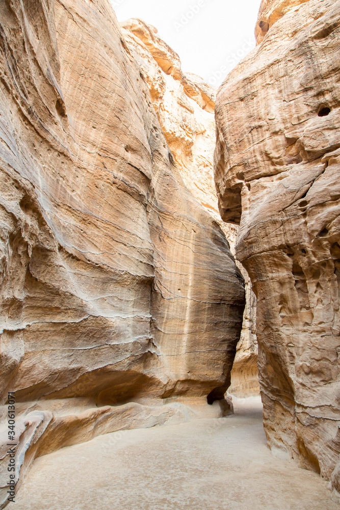 The Siq, the narrow slot-canyon that serves as the entrance passage to the hidden city of Petra. This is an UNESCO World Heritage Site