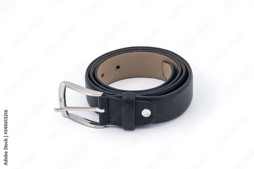 Fancy Black Mens Leather Belt with a metal buckle on white background Fancy Black Mens Leather Belt with a metal buckle on white background