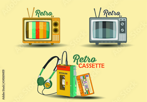 retro cassette tape headphones radio record television
