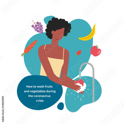 Vector isolated illustration of a black woman washing healthy fresh fruits and vegetables in a flat design style. Girl female character in a modern style during coronavirus crisis.