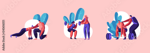 Set Training, Exercises, Sport Activity, Healthy Life. People Training in Gym with Coach Help. Male and Female Characters in Sports Wear Workout with Weight and Dumbbells. Cartoon Vector Illustration