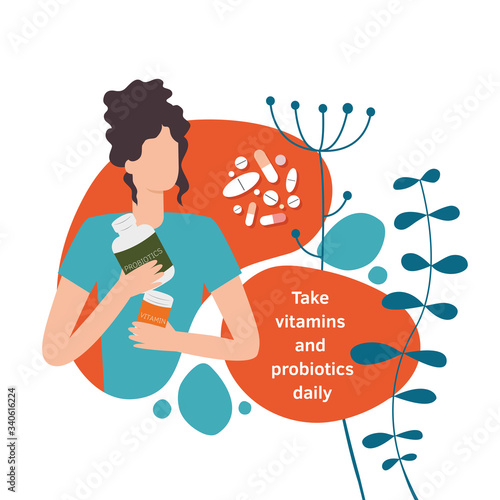 Woman holding vitamins and probiotics. Vector isolated illustration in cartoon style of a woman with pharmacy pills and capsules for health and wellbeing in a flat design style.