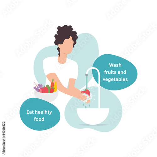 Vector isolated illustration of a woman washing healthy fresh fruits and vegetables in a flat design style. Girl female character in a modern style during coronavirus crisis.