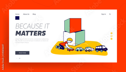 Child Playing with Toys in School for Kids with Special Needs Landing Page Template. Little Boy Character with Autism Disorder Sit on Floor Playing with Cars Set Up by Row. Linear Vector Illustration