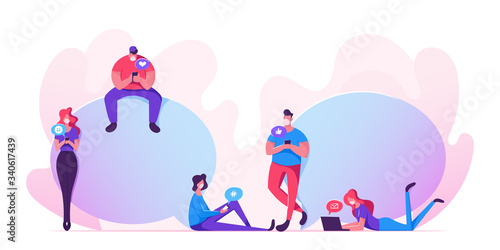 Young Characters in Medical Mask with Smartphones, Laptops and Gadgets Chatting, Communicating during Covid19 Pandemic. People Using Internet Services, Smart Technologies. Cartoon Vector Illustration