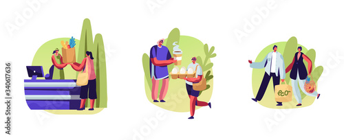 Set Male and Female Characters Use Eco Packing for Shopping. People Stand in Queue with Reusable Packaging in Hands Visiting Open Air Store. Happy of Purchases and Bought. Cartoon Vector Illustration