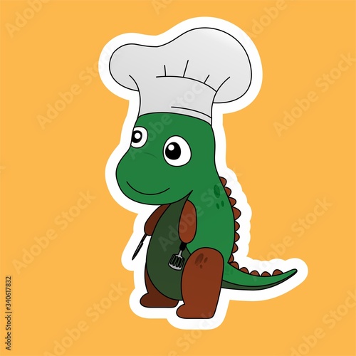 Stickers of Green Dinosaur Chef Carry Spatulas and Knives Cartoon  Cute Funny Character  Flat Design