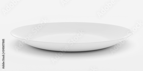 Empty white plate or ceramic dish isolated on white background. 3D rendering with clipping path