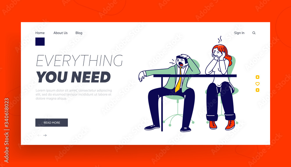 Procrastination, Overwork Burnout Symptoms Landing Page Template. Lazy, Boring or Tired Business Characters with Low Energy Yawning at Working Place or Bored Meeting. Linear People Vector Illustration